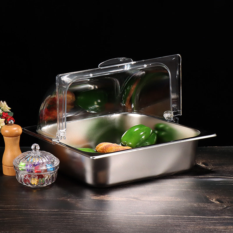 Two-thirds of a portion of flowerpots Stainless steel commercial hot pot buffet with lid, halal food display plate, food-grade tray, cooked food, cold dishes, fruits.