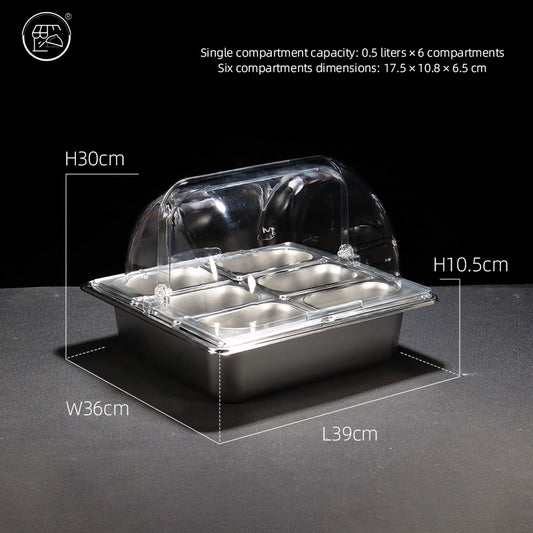 Stainless steel basin with double-layer design, featuring a transparent lid and ice cubes, fruit powder, and various fruit ingredients. It is a self-service dining basin for keeping food fresh and warm at the food stall.