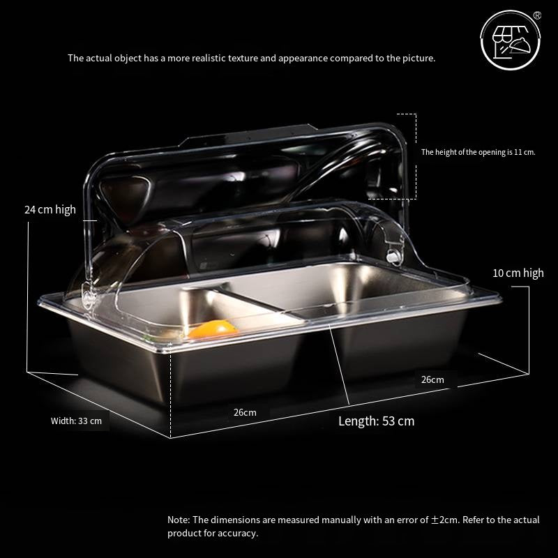 Single-piece double-compartment stainless steel basin with lid, including a Chinese and Western food dish, a food-grade rectangular lided plate, a cafeteria insulated container, and a set of basins.
