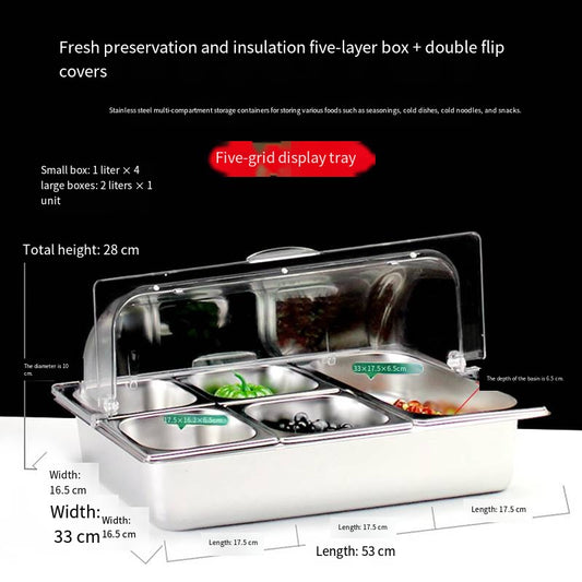 Stainless steel insulated dinner plates with ice fruit trays, with lids, buffet display trays, food stalls for cold dishes, fresh-keeping boxes in five sizes with different capacities, all available for selection.