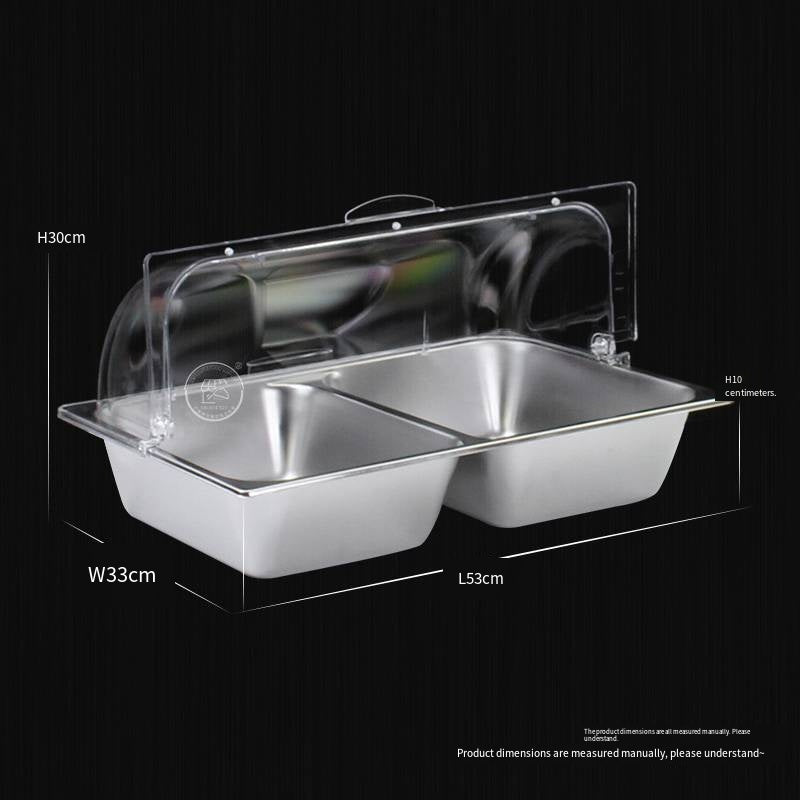 Single-piece double-compartment stainless steel basin with lid, including a Chinese and Western food dish, a food-grade rectangular lided plate, a cafeteria insulated container, and a set of basins.