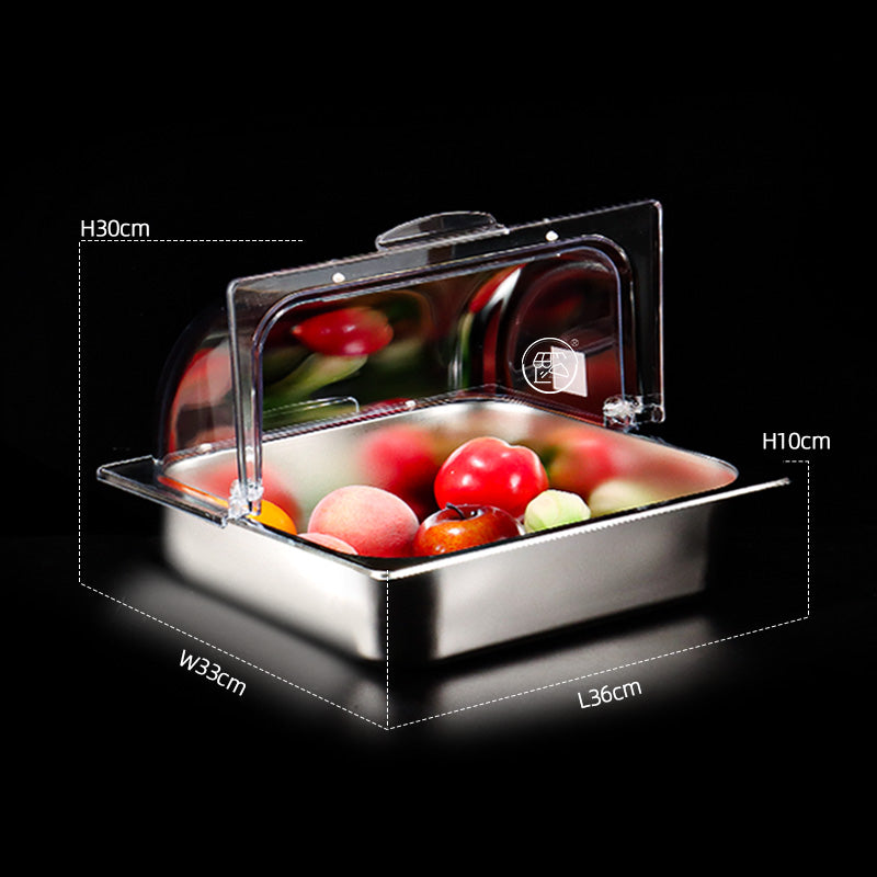 Two-thirds of a portion of flowerpots Stainless steel commercial hot pot buffet with lid, halal food display plate, food-grade tray, cooked food, cold dishes, fruits.