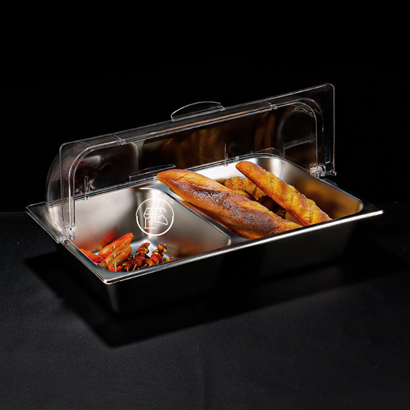 Single-piece double-compartment stainless steel basin with lid, including a Chinese and Western food dish, a food-grade rectangular lided plate, a cafeteria insulated container, and a set of basins.