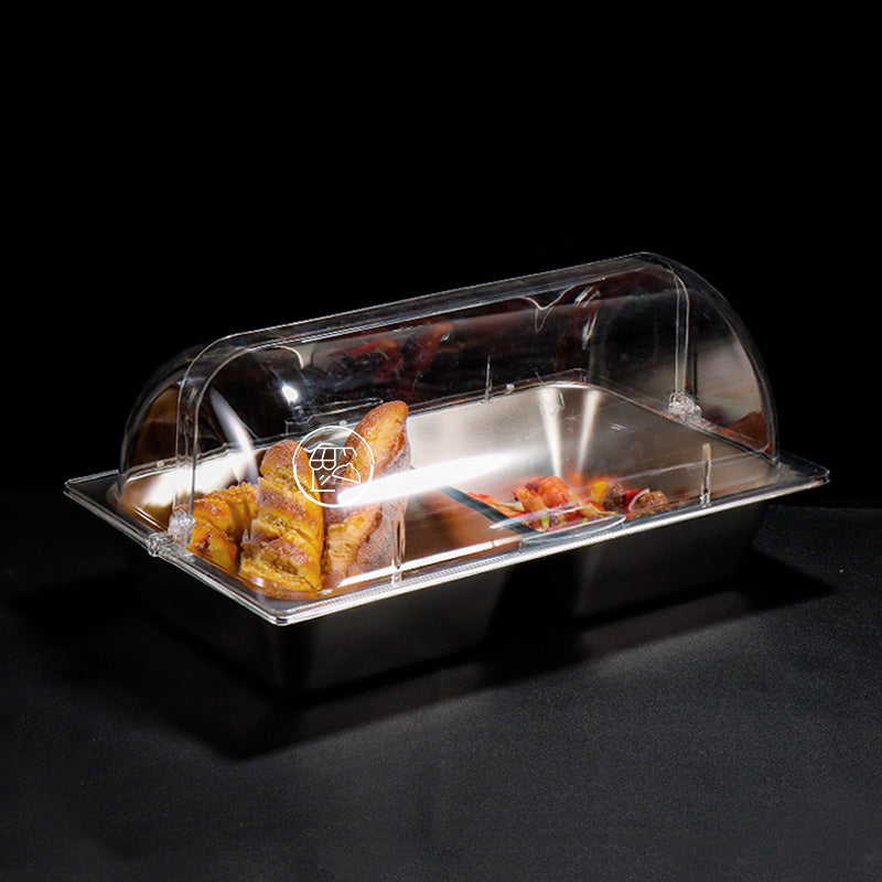 Single-piece double-compartment stainless steel basin with lid, including a Chinese and Western food dish, a food-grade rectangular lided plate, a cafeteria insulated container, and a set of basins.