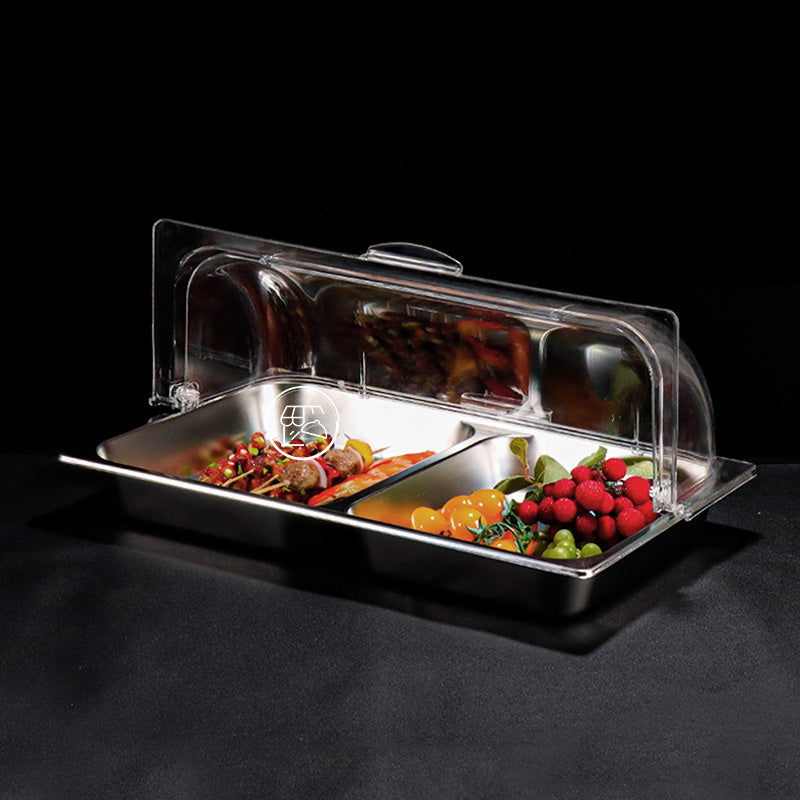 Single-piece double-compartment stainless steel basin with lid, including a Chinese and Western food dish, a food-grade rectangular lided plate, a cafeteria insulated container, and a set of basins.