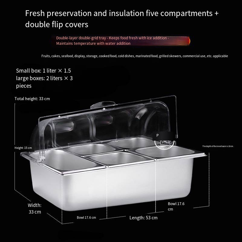 Stainless steel insulated dinner plates with ice fruit trays, with lids, buffet display trays, food stalls for cold dishes, fresh-keeping boxes in five sizes with different capacities, all available for selection.