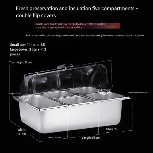 Stainless steel insulated dinner plates with ice fruit trays, with lids, buffet display trays, food stalls for cold dishes, fresh-keeping boxes in five sizes with different capacities, all available for selection.