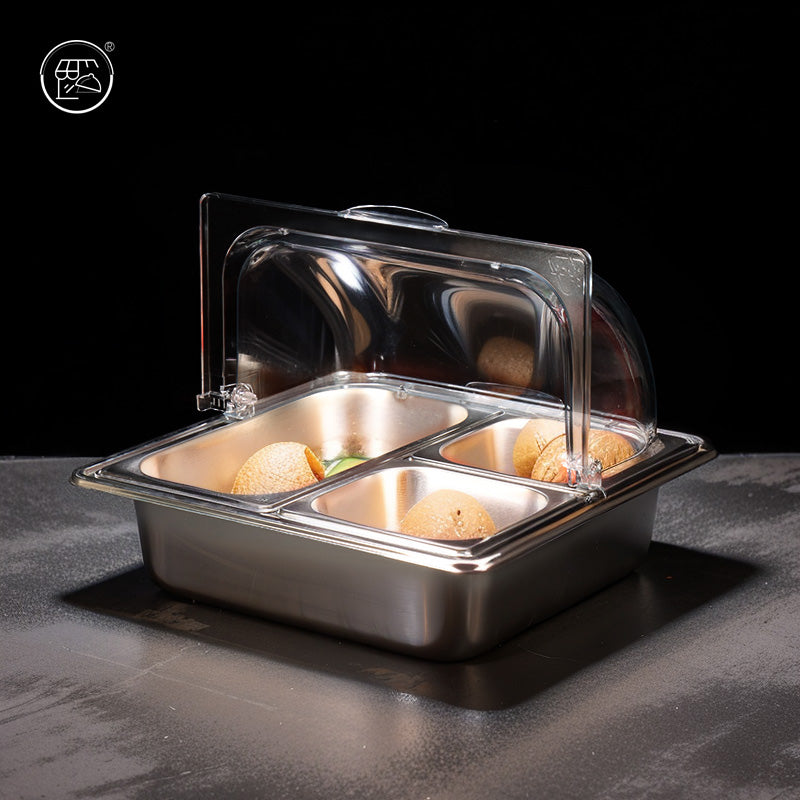 Stainless steel basin with double-layer design, featuring a transparent lid and ice cubes, fruit powder, and various fruit ingredients. It is a self-service dining basin for keeping food fresh and warm at the food stall.