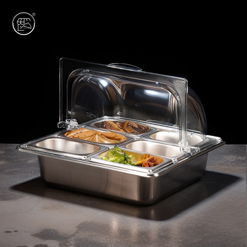 Stainless steel basin with double-layer design, featuring a transparent lid and ice cubes, fruit powder, and various fruit ingredients. It is a self-service dining basin for keeping food fresh and warm at the food stall.