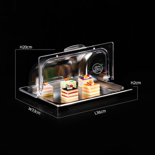 Two-thirds of a portion of flowerpots Stainless steel commercial hot pot buffet with lid, halal food display plate, food-grade tray, cooked food, cold dishes, fruits.