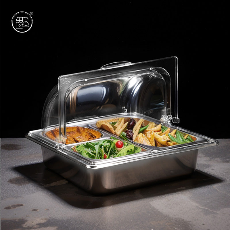 Stainless steel basin with double-layer design, featuring a transparent lid and ice cubes, fruit powder, and various fruit ingredients. It is a self-service dining basin for keeping food fresh and warm at the food stall.