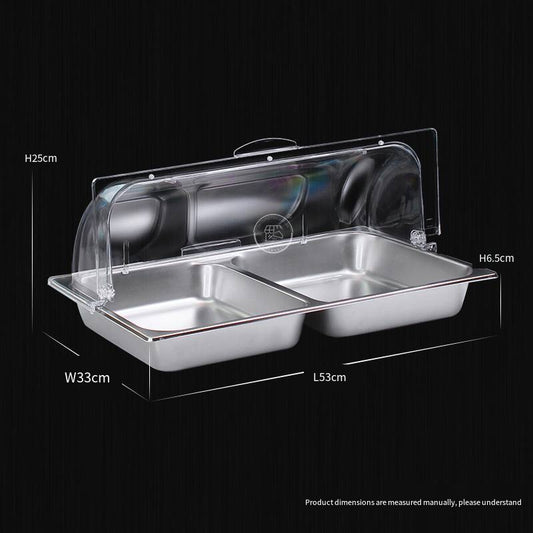 Single-piece double-compartment stainless steel basin with lid, including a Chinese and Western food dish, a food-grade rectangular lided plate, a cafeteria insulated container, and a set of basins.