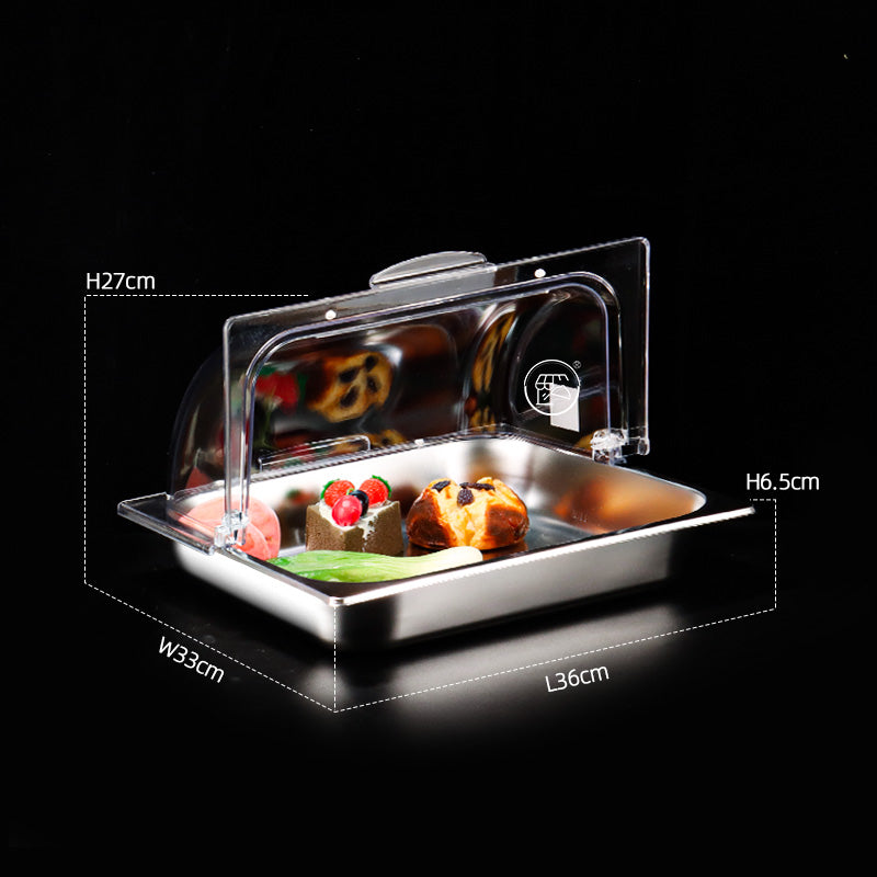 Two-thirds of a portion of flowerpots Stainless steel commercial hot pot buffet with lid, halal food display plate, food-grade tray, cooked food, cold dishes, fruits.