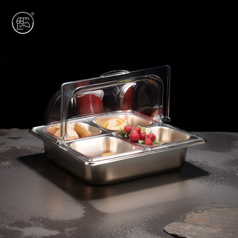 Stainless steel basin with double-layer design, featuring a transparent lid and ice cubes, fruit powder, and various fruit ingredients. It is a self-service dining basin for keeping food fresh and warm at the food stall.