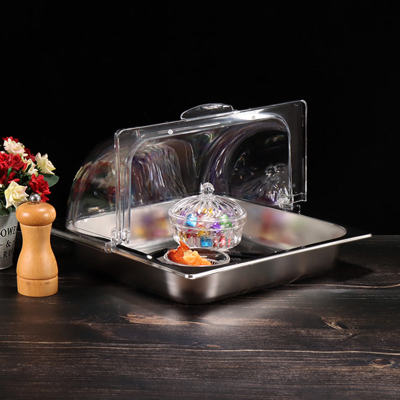 Two-thirds of a portion of flowerpots Stainless steel commercial hot pot buffet with lid, halal food display plate, food-grade tray, cooked food, cold dishes, fruits.