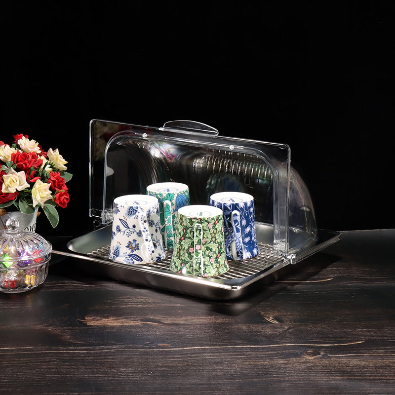 Two-thirds of a portion of flowerpots Stainless steel commercial hot pot buffet with lid, halal food display plate, food-grade tray, cooked food, cold dishes, fruits.