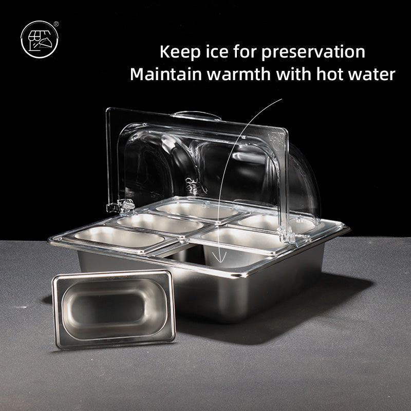 Stainless steel basin with double-layer design, featuring a transparent lid and ice cubes, fruit powder, and various fruit ingredients. It is a self-service dining basin for keeping food fresh and warm at the food stall.