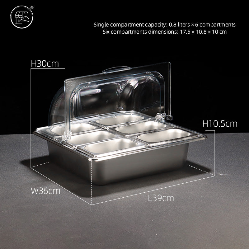 Stainless steel basin with double-layer design, featuring a transparent lid and ice cubes, fruit powder, and various fruit ingredients. It is a self-service dining basin for keeping food fresh and warm at the food stall.
