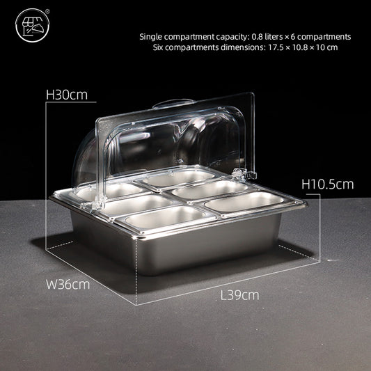 Stainless steel basin with double-layer design, featuring a transparent lid and ice cubes, fruit powder, and various fruit ingredients. It is a self-service dining basin for keeping food fresh and warm at the food stall.