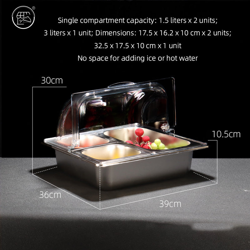 Stainless steel basin with double-layer design, featuring a transparent lid and ice cubes, fruit powder, and various fruit ingredients. It is a self-service dining basin for keeping food fresh and warm at the food stall.