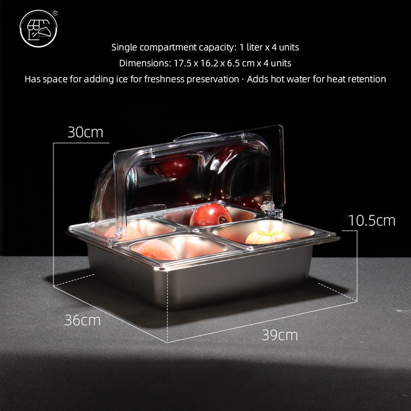 Stainless steel basin with double-layer design, featuring a transparent lid and ice cubes, fruit powder, and various fruit ingredients. It is a self-service dining basin for keeping food fresh and warm at the food stall.