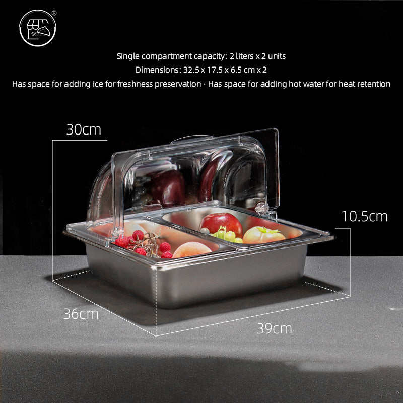 Stainless steel basin with double-layer design, featuring a transparent lid and ice cubes, fruit powder, and various fruit ingredients. It is a self-service dining basin for keeping food fresh and warm at the food stall.