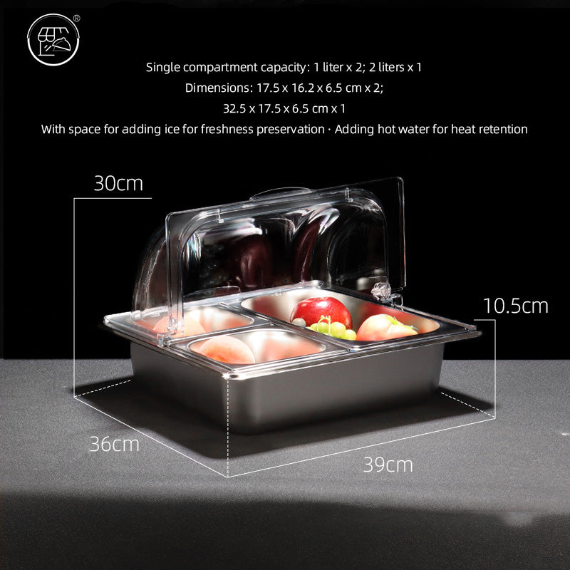 Stainless steel basin with double-layer design, featuring a transparent lid and ice cubes, fruit powder, and various fruit ingredients. It is a self-service dining basin for keeping food fresh and warm at the food stall.