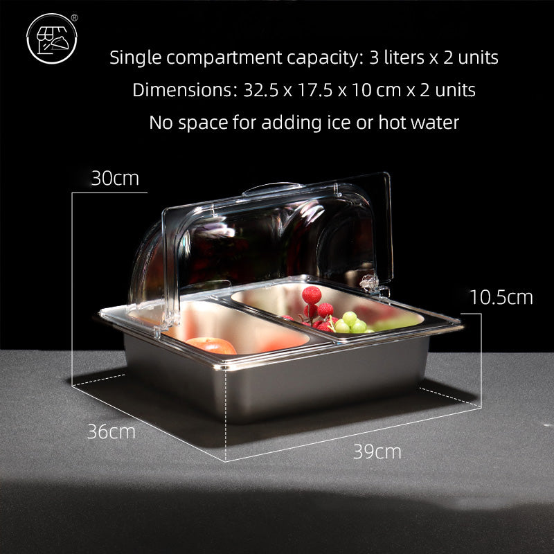 Stainless steel basin with double-layer design, featuring a transparent lid and ice cubes, fruit powder, and various fruit ingredients. It is a self-service dining basin for keeping food fresh and warm at the food stall.